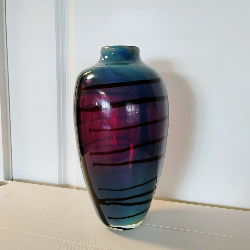 Handblown Iridescent Art Glass Vase With Abstract Design Blue & Purple Tones 12" - Picture 16 of 16